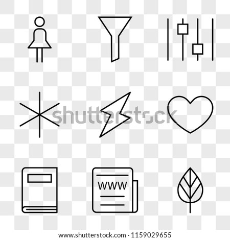 9 simple transparent vector icon pack, set of icons such as Tree Leaf, Web News, Book, Heart, Energy, Miscellaneus, Settings, Filter, Woman with Skirt