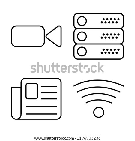 Set of 4 simple vector icons such as Video camera, Server, Newspaper, Wifi, editable pack for web and mobile
