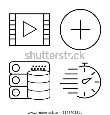 Set of 4 simple vector icons such as Video player, Plus, Database, Stopwatch, editable pack for web and mobile