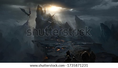 Dark castle in the valley, dark atmosphere of hell. Сток-фото © 