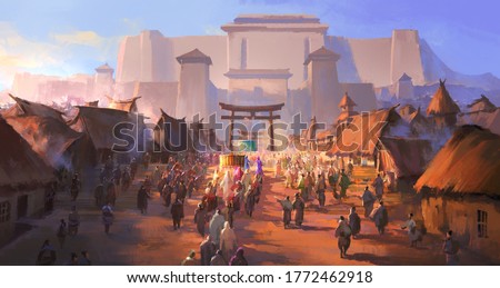 The simple ancient people greeted the foreign envoys, digital painting. Foto stock © 