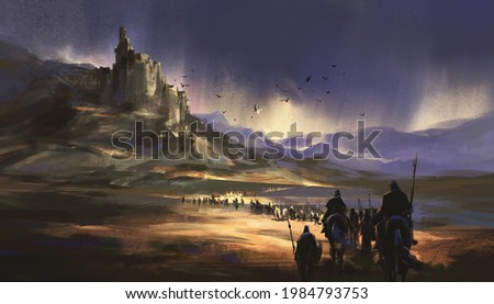 A legion marching towards the medieval castle, 3D illustration. Photo stock © 