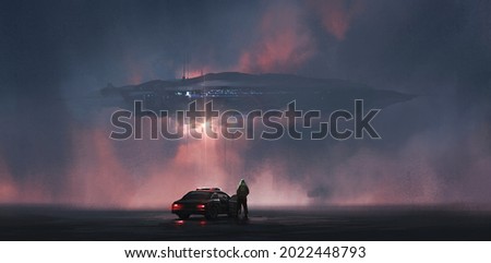 Alien spaceship looming in the clouds, 3D illustration. Stockfoto © 
