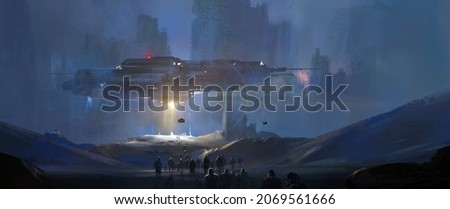 Earthlings preparing to board a spaceship to escape, 3D illustration Stockfoto © 