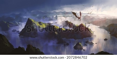 There is a secret realm with a dragon circling, 3D illustration. Photo stock © 