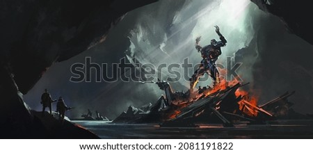 A robot that broke down in a cave, 3D illustration. Stockfoto © 