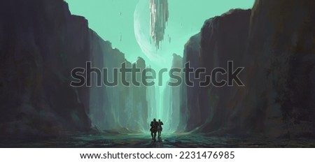 Alien object hangs over the canyon, 3D illustration. Stockfoto © 