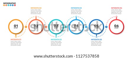 Timeline infographic template with Modern circles shapes. Business process line with 6 number options, steps. Vector illustration.