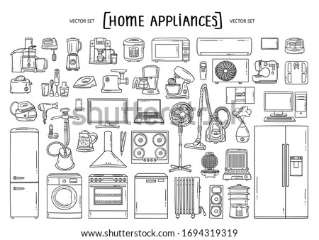 Vector hand drawn set on the theme of home appliances. Isolated doodles of technics on white background. Line art