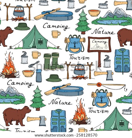 Vector seamless pattern with hand drawn tourism and camping symbols. Background for use in design, web site, packing, textile, fabric