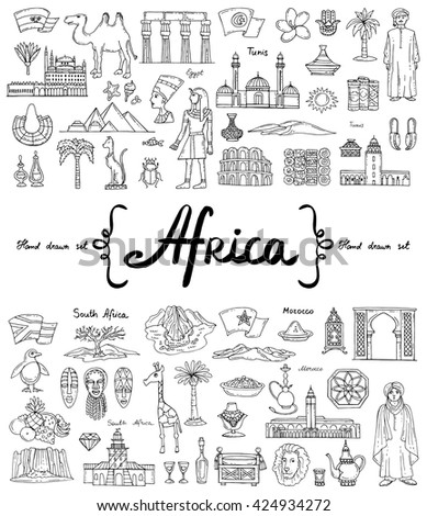 Vector set with hand drawn isolated doodles on the theme of Africa. Flat illustrations of attractions, souvenirs. Symbols of Egypt, Tunis, South Africa, Morocco. Sketches for use in design