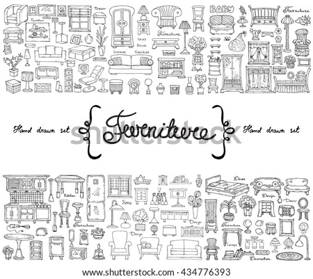 Vector set with hand drawn isolated doodles on the  theme of furniture. Flat illustrations of objects for decoration and interior. Sketches for use in design