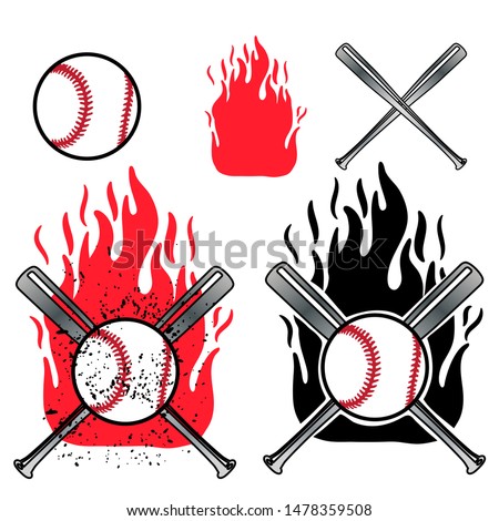 Baseball ball front and cross baseball bat on flame background.
Element of sport baseball for logo design.