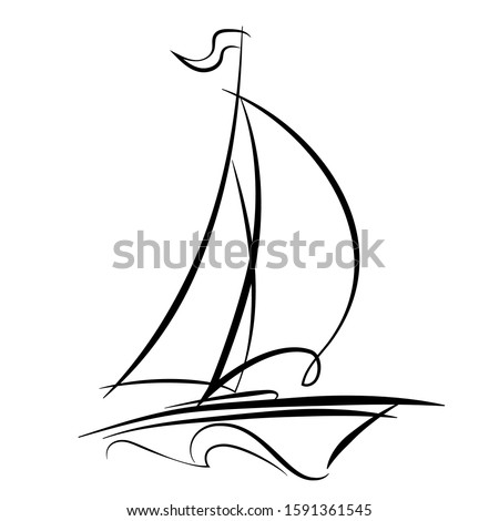 Linear drawing of a sailboat in the waves. Single line illustration of a yacht at sea. Logo sailboat in the sea. Boat with sails on the waves