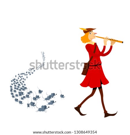 Pied Piper of Hamelin Vectoral Illustration. White Background Isolated. Children Books, Maagazines, Web Pages, Blogs.