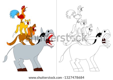 Bremen Musicians Fable. Coloring Book Vectoral Illustration. Coloring and Colorless Page Set.