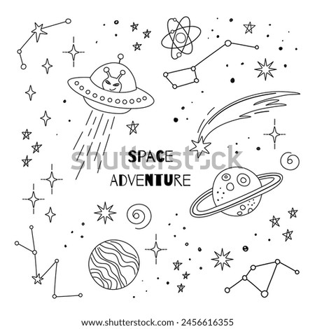 Outer space adventure background with hand drawn planets, stars, UFO. Doodle outer space print. Vector illustration for card, sticker, print, coloring page, tattoo. Outline kid doodles, anti stress.