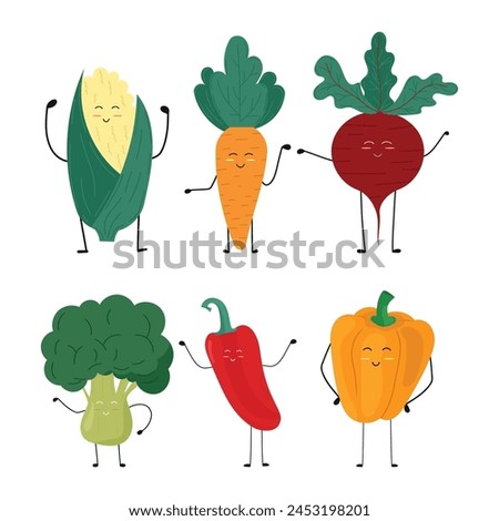 Fanny carton vegetables set on isolated white background. Vibrant vector corn, carrots, beet, broccoli, bitter and sweet peppers in children's style. For characters in children's books, comics, poster