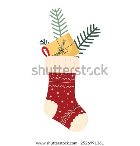 Christmas stocking filled with gifts and pine branches on white background. Christmas tradition in vector flat style. For holiday cards, invitations, Christmas decor.