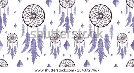 Mystical boho dreamcatcher pattern with delicate purple feathers on white isolated background. Original spiritual talisman with positive energy in flat style. For mystic accessories, decor, prints.