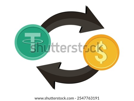 Tether (USDT) and dollar coin exchange process with bold black arrows on white background. Cute graphic arrow element in concept of exchange financial transactions. For logos, emblems, banners.