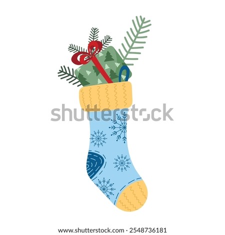 Blue Christmas stocking filled with gifts and pine branches on white background. Vector gift - filled stocking illustration in traditional Christmas magic concept. For invitations, postcards, poster