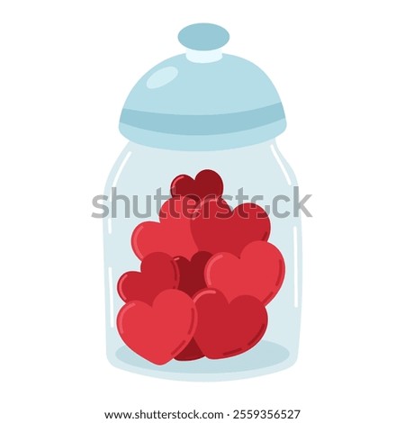 Valentine's Day glass jar filled with red hearts on white isolated background. Vector illustration in symbolic sweet Valentine - hearts concept. For postcards, invitations, romantic decor.