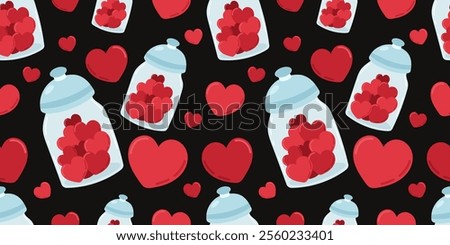 Charming Valentine's Day seamless pattern with jars filled with red hearts on stylish black background. Vector flat illustration in love romantic mood concept. For Valentine's decor, print, gift paper