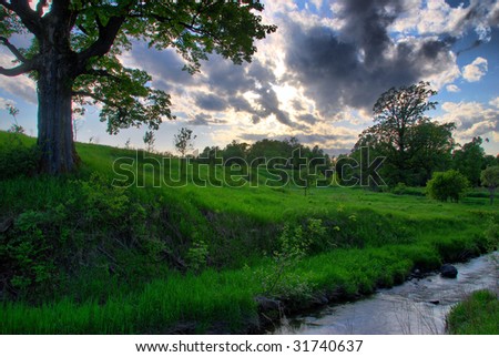 Afternoon clouds partially block the sun over a meadow.  A small creek flows by in the foreground.