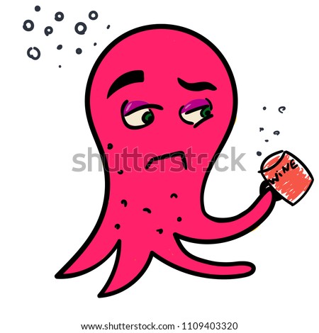 Cute cartoon pink monster with cup of wine. Vector octopus character. Halloween design for print, stickers, t-shirt, illustration, logo, emblem or any other things like books, 	
clothes and toys