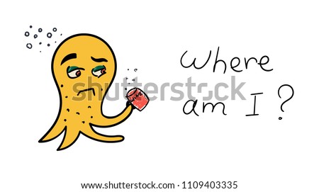 Cute cartoon yellow monster with cup of wine. Vector octopus character. Halloween design for print, stickers, t-shirt, illustration, logo, emblem or any other things like books, 	
clothes and toys