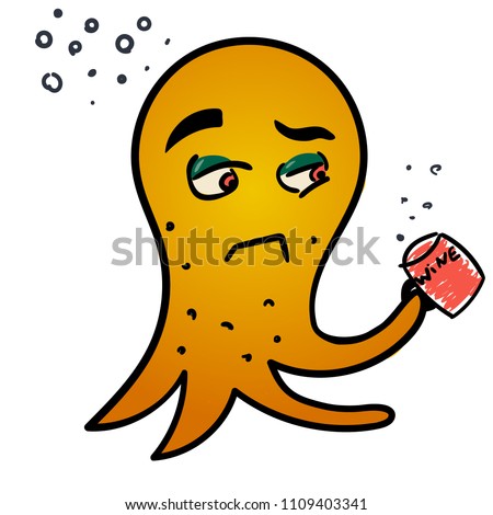 Cute cartoon yellow monster with cup of wine. Vector octopus character. Halloween design for print, stickers, t-shirt, illustration, logo, emblem or any other things like books, 	
clothes and toys