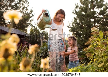 Similar – Image, Stock Photo Watering can and flowers pots in sunlight on pink background. Top view. Gardening concept. Creative layout