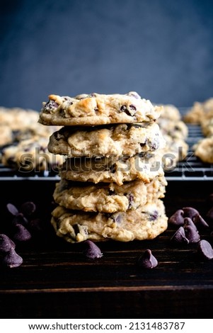 Image, Stock Photo Yummy cookies with chocolate chips and milk