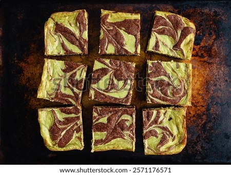 Image, Stock Photo Matcha cheesecake flat lay. Woman hands taking cake slice