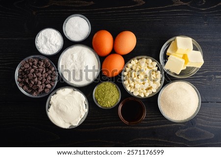 Similar – Image, Stock Photo Matcha cheesecake flat lay. Woman hands taking cake slice