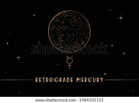 Retrograde Mercury on a black background. Astrology, tarot, celestial design, modern graphics, minimalistic style. Black with Gold astrology template
