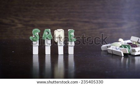 Common business terms - Slightly defocused and close-up of SAME word on clothes peg stick with lots of clothes peg at background