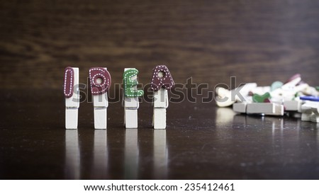 Common business terms - Slightly defocused and close-up of IDEA word on clothes peg stick with lots of clothes peg at background