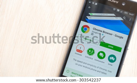Petaling Jaya, Malaysia - Aug 6, 2015: Google Chrome Browser mobile app in Play Store on mobile phone. Google\'s Chrome for Android is an edition of Google Chrome released for the Android system