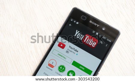 Petaling Jaya, Malaysia - Aug 6, 2015: Youtube Mobile app in Google Play Store on mobile phone. YouTube Mobile was launched in June 2007, using RTSP streaming for the video.