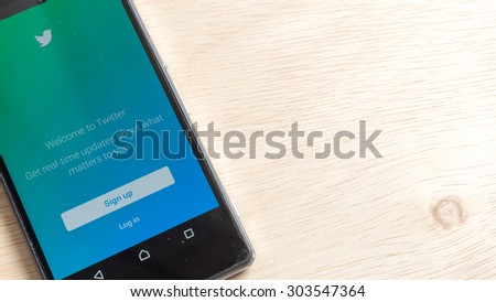 Petaling Jaya, Malaysia - Aug 6, 2015: Welcome screen for Twitter mobile app on android smartphone. Twitter was created in March 2006 by Jack Dorsey, Evan Williams and launched by July 2006