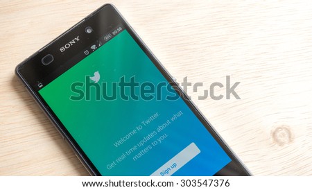 Petaling Jaya, Malaysia - Aug 6, 2015: Welcome screen for Twitter mobile app on android smartphone. Twitter was created in March 2006 by Jack Dorsey, Evan Williams and launched by July 2006