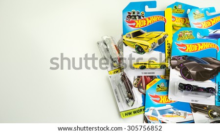 Petaling Jaya, Malaysia - Aug 13, 2015: Assortment of Hot Wheels die cast carded car model for Hot Wheels series. Hot Wheels is a scale die-cast toy cars by American toy maker Mattel in 1968.