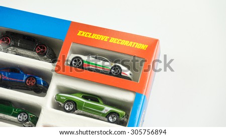 Petaling Jaya, Malaysia - Aug 13, 2015: Hot Wheels 9-Car Gift Pack with exclusive decoration. Hot Wheels is a scale die-cast toy cars introduced by American toy maker Mattel in 1968.
