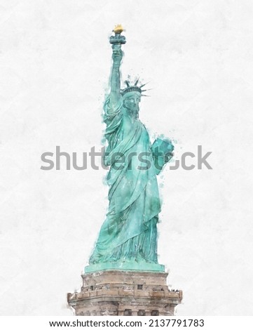Watercolor painting illustration of the Statue of Liberty isolated on white background