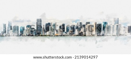 Digital watercolor painting of Miami skyline with skyscrapers