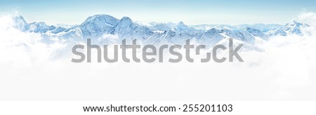Panorama of winter mountains in Caucasus region,view from Elbrus mountain, Russia