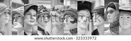 Collage of mannequins wearing  retro clothes, black and white