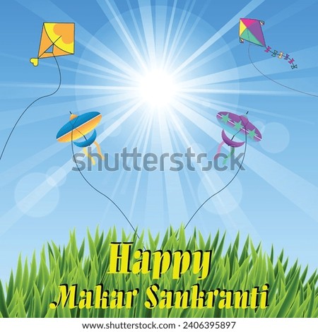 Kites Ascend to the Sun: A Vibrant Makar Sankranti Celebration, Experience the joy of Makar Sankranti with this vibrant vector! Four unique kites, each with its own design, ascend against a blue sky.